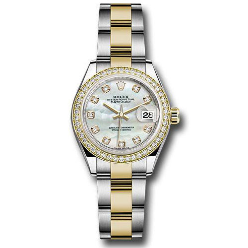 Rolex Steel and Yellow Gold Rolesor Lady-Datejust 28 Watch - Diamond Bezel - White Mother-Of-Pearl Diamond Dial - Oyster Bracelet - 279383RBR mdo