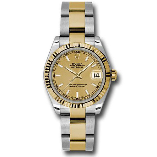 Rolex Steel and Yellow Gold Datejust 31 Watch - Fluted Bezel - Champagne Index Dial - Oyster Bracelet - 178273 chio