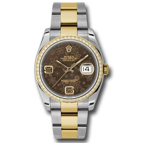 Rolex Steel and Yellow Gold Rolesor Datejust 36 Watch - 52 Diamond Bezel - Brown Floral Arabic Dial - Oyster Bracelet - 116243  brfao