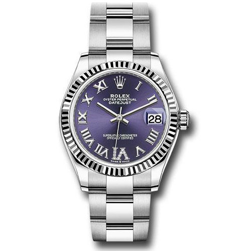 Rolex Steel and White Gold Datejust 31 Watch - Fluted Bezel - Aubergine Roman Diamond 6 Dial - Oyster Bracelet - 278274 aubdr6o