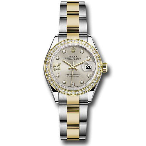 Rolex Steel and Yellow Gold Rolesor Lady-Datejust 28 Watch - Diamond Bezel - Silver Diamond Star Dial - Oyster Bracelet - 279383RBR s9dix8do