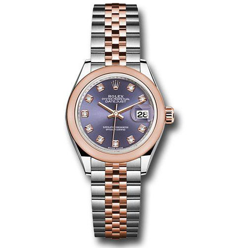 Rolex Steel and Everose Gold Rolesor Lady-Datejust 28 Watch - Domed Bezel - Aubergine Diamond Dial - Jubilee Bracelet - 279161 audj