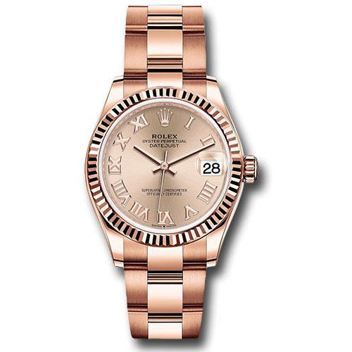 Rolex Everose Gold Datejust 31 Watch - Fluted Bezel - Rose Roman Dial - Oyster Bracelet - 278275 rsro