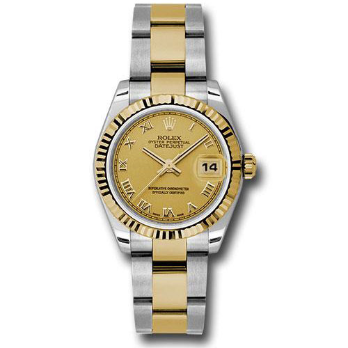 Rolex Steel and Yellow Gold Datejust 31 Watch - Fluted Bezel - Champagne Roman Dial - Oyster Bracelet - 178273 chro