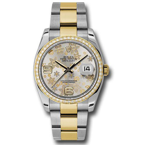 Rolex Steel and Yellow Gold Rolesor Datejust 36 Watch - 52 Diamond Bezel - Silver Floral Arabic Dial - Oyster Bracelet - 116243  sfao