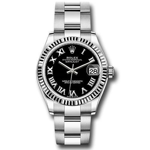Rolex Steel and White Gold Datejust 31 Watch - Fluted Bezel - Black Roman Dial - Oyster Bracelet - 278274 bkro