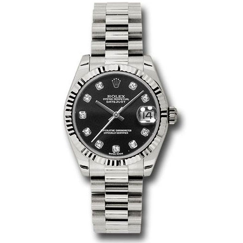 Rolex White Gold Datejust 31 Watch - Fluted Bezel - Black Diamond Dial - President Bracelet - 178279 bkdp