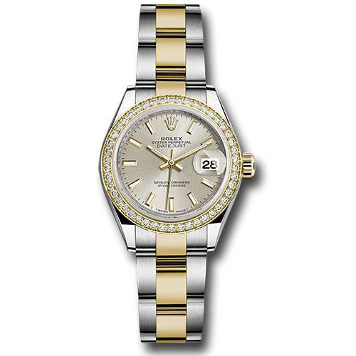 Rolex Steel and Yellow Gold Rolesor Lady-Datejust 28 Watch - Diamond Bezel - Silver Index Dial - Oyster Bracelet - 279383RBR sio