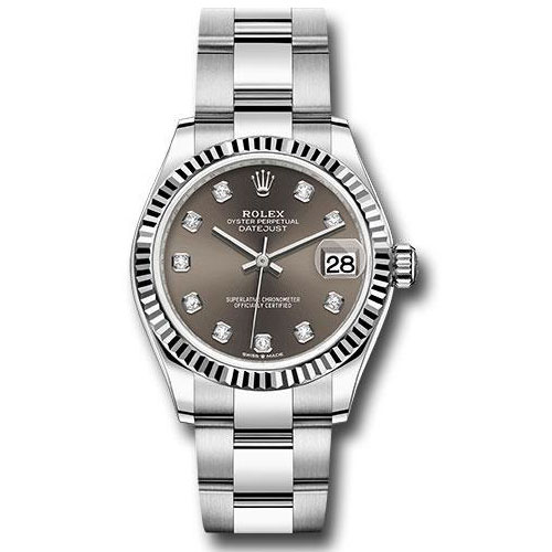Rolex Steel and White Gold Datejust 31 Watch - Fluted Bezel - Dark Grey Diamond Dial - Oyster Bracelet - 278274 dkgdo