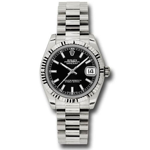 Rolex White Gold Datejust 31 Watch - Fluted Bezel - Black Index Dial - President Bracelet - 178279 bkip