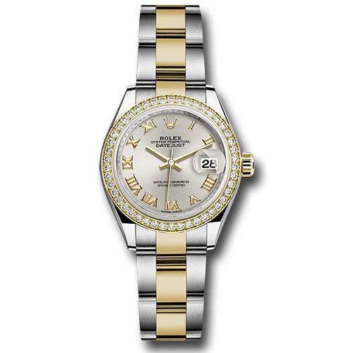 Rolex Steel and Yellow Gold Rolesor Lady-Datejust 28 Watch - Diamond Bezel - Silver Roman Dial - Oyster Bracelet - 279383RBR sro