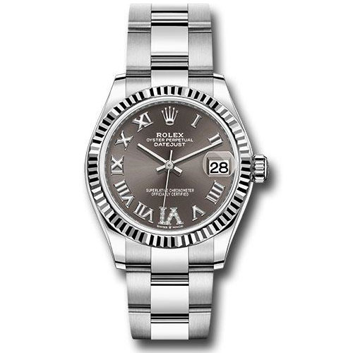 Rolex Steel and White Gold Datejust 31 Watch - Fluted Bezel - Dark Grey Roman Diamond 6 Dial - Oyster Bracelet - 278274 dkgdr6o