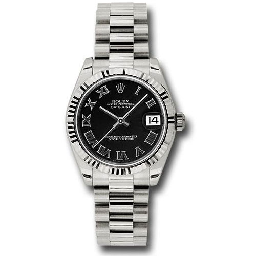Rolex White Gold Datejust 31 Watch - Fluted Bezel - Black Roman Dial - President Bracelet - 178279 bkrp
