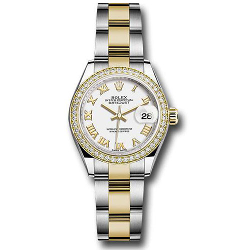 Rolex Steel and Yellow Gold Rolesor Lady-Datejust 28 Watch - Diamond Bezel - White Roman Dial - Oyster Bracelet - 279383RBR wro