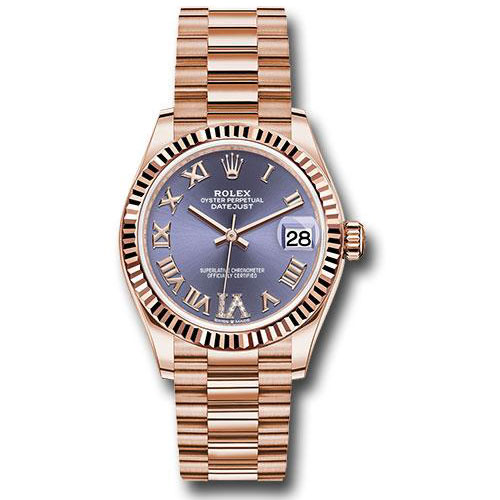 Rolex Everose Gold Datejust 31 Watch - Fluted Bezel - Aubergine Diamond Six Dial - President Bracelet - 278275 aubdr6p