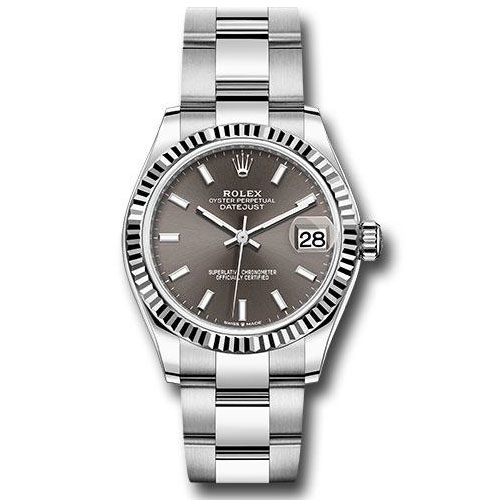 Rolex Steel and White Gold Datejust 31 Watch - Fluted Bezel - Dark Grey Index Dial - Oyster Bracelet - 278274 dkgio