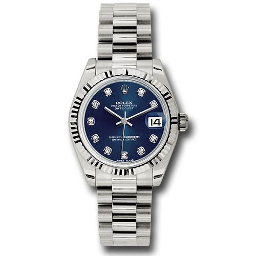 Rolex White Gold Datejust 31 Watch - Fluted Bezel - Blue Diamond Dial - President Bracelet - 178279 bldp