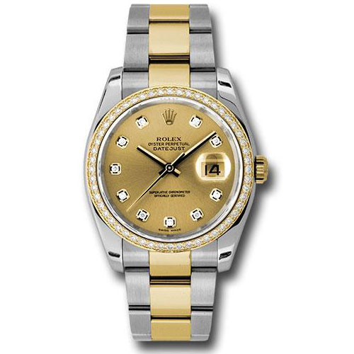 Rolex Steel and Yellow Gold Rolesor Datejust 36 Watch - 52 Diamond Bezel - Champagne Diamond Dial - Oyster Bracelet - 116243 chdo