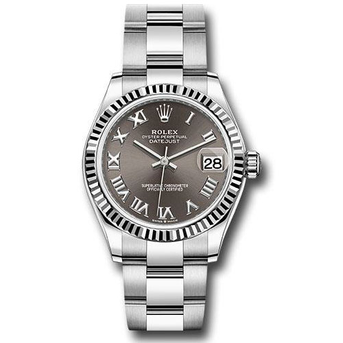 Rolex Steel and White Gold Datejust 31 Watch - Fluted Bezel - Dark Grey Roman Dial - Oyster Bracelet - 278274 dkgro