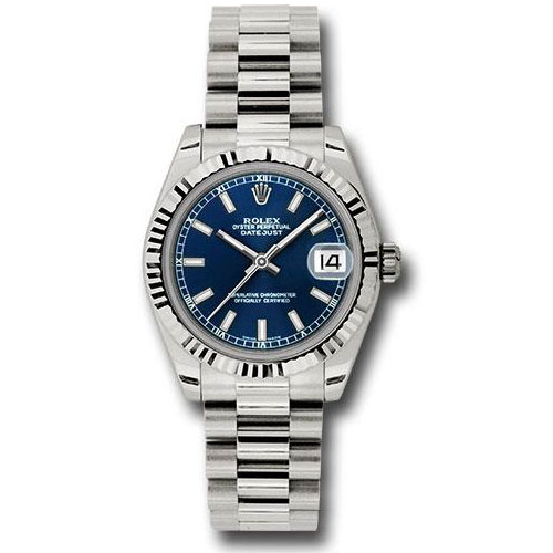 Rolex White Gold Datejust 31 Watch - Fluted Bezel - Blue Index Dial - President Bracelet - 178279 blip
