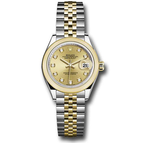 Rolex Steel and Yellow Gold Rolesor Lady-Datejust 28 Watch - Domed Bezel - Champagne Diamond Dial - Jubilee Bracelet - 279163 chdj