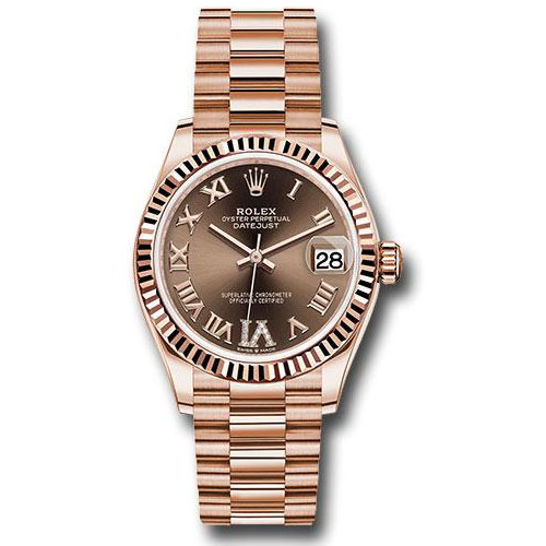 Rolex Everose Gold Datejust 31 Watch - Fluted Bezel - Chocolate Diamond Six Dial - President Bracelet - 278275 chodr6p