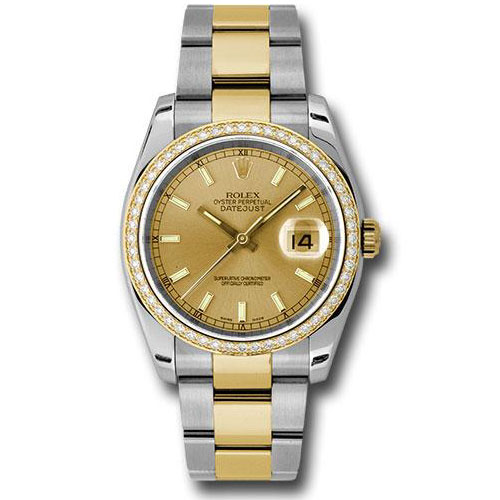 Rolex Steel and Yellow Gold Rolesor Datejust 36 Watch - 52 Diamond Bezel - Champagne Index Dial - Oyster Bracelet - 116243 chio