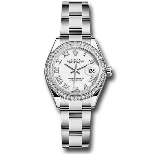 Rolex Steel and White Gold Rolesor Lady-Datejust 28 Watch - 44 Diamond Bezel - White Roman Dial - Oyster Bracelet - 279384RBR wro