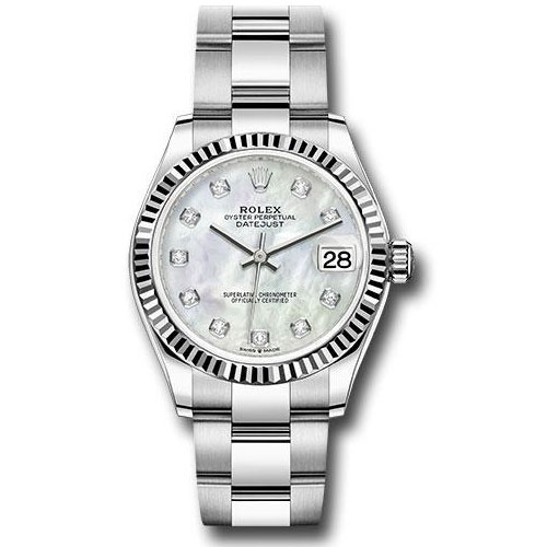 Rolex Steel and White Gold Datejust 31 Watch - Fluted Bezel - White Mother-Of-Pearl Diamond Dial - Oyster Bracelet - 278274 mdo