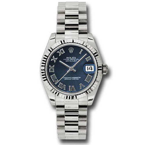 Rolex White Gold Datejust 31 Watch - Fluted Bezel - Blue Roman Dial - President Bracelet - 178279 blrp