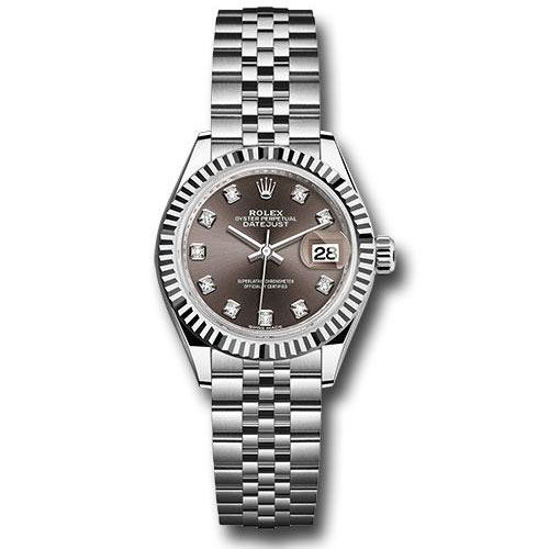 Rolex Steel and White Gold Rolesor Lady-Datejust 28 Watch - Fluted Bezel - Dark Grey Diamond Dial - Jubilee Bracelet - 279174 dgdj