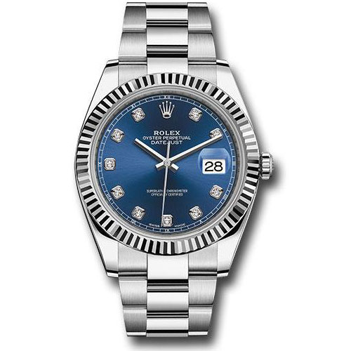 Rolex Steel and White Gold Rolesor Datejust 41 Watch - Fluted Bezel - Blue Diamond Dial - Oyster Bracelet - 126334 bldo