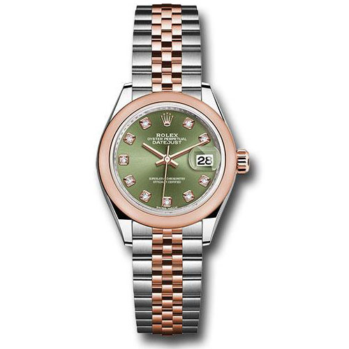 Rolex Steel and Everose Gold Rolesor Lady-Datejust 28 Watch - Domed Bezel - Olive Green Diamond Dial - Jubilee Bracelet - 279161 ogdj