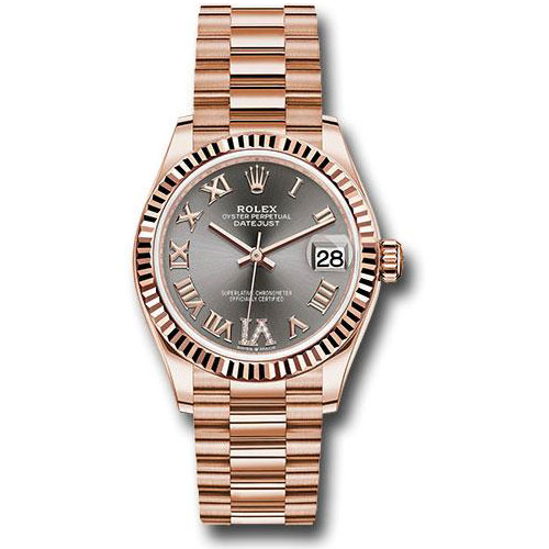 Rolex Everose Gold Datejust 31 Watch - Fluted Bezel - Rhodium Diamond Six Dial - President Bracelet - 278275 dkrhdr6p