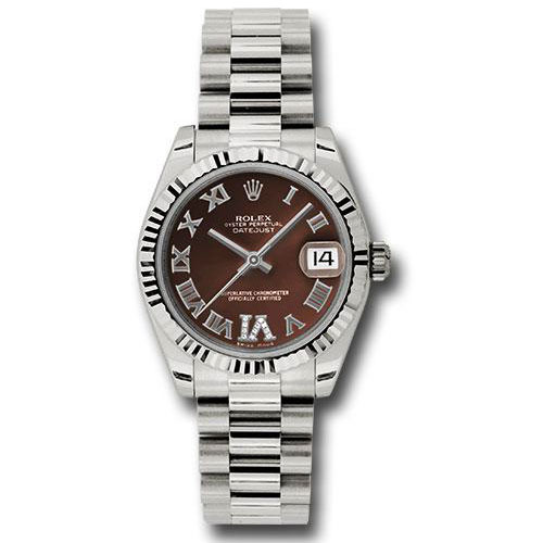 Rolex White Gold Datejust 31 Watch - Fluted Bezel - Bronze Diamond Roman Vi Roman Dial - President Bracelet - 178279 brdrp