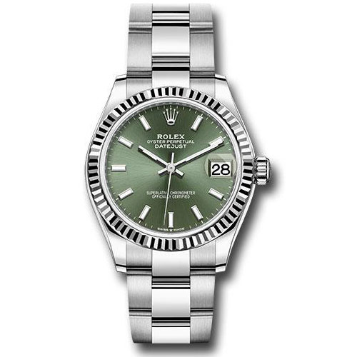 Rolex Steel and White Gold Datejust 31 Watch - Fluted Bezel - Mint Green Index Dial - Oyster Bracelet - 278274 mgio