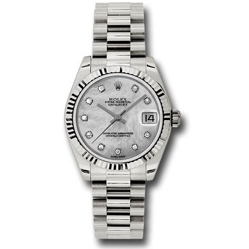 Rolex White Gold Datejust 31 Watch - Fluted Bezel - Mother-Of-Pearl Diamond Dial - President Bracelet - 178279 mdp