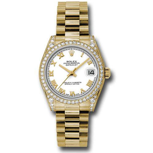 Rolex Yellow Gold Datejust 31 Watch - 48 Diamond Bezel - White Roman Dial - President Bracelet - 178158 wrp