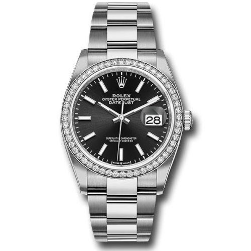 Rolex Steel Datejust 36 Watch - Diamond Bezel - Black Index Dial - Oyster Bracelet - 2019 Release - 126284RBR bkio