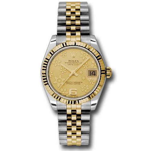 Rolex Steel and Yellow Gold Datejust 31 Watch - Fluted Bezel - Champagne Floral Motif Dial - Jubilee Bracelet - 178273 chfj