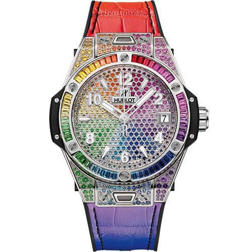 Hublot Big Bang One Click Steel Rainbow Watch - 39 mm - White Dial - Black Rubber and Multicolored Leather Strap-465.SX.9910.LR.0999