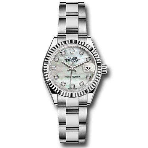 Rolex Steel and White Gold Rolesor Lady-Datejust 28 Watch - Fluted Bezel - White Mother-Of-Pearl Diamond Dial - Oyster Bracelet - 279174 mdo