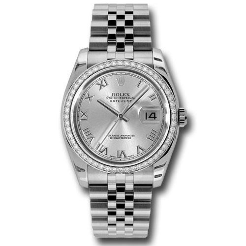 Rolex Steel and White Gold Datejust 36 Watch - 52 Diamond Bezel - Silver Roman Dial - Jubilee Bracelet - 116244 srj