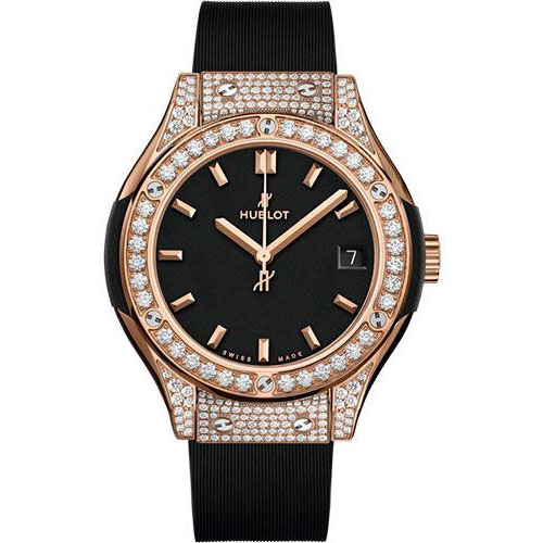 Hublot Classic Fusion King Gold Pave Watch - 33 mm - Black Dial - Black Rubber and Leather Strap-581.OX.1181.RX.1704