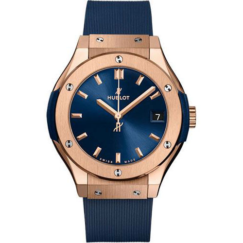 Hublot Classic Fusion King Gold Blue Watch - 33 mm - Blue Dial - Blue Lined Rubber Strap-581.OX.7180.RX