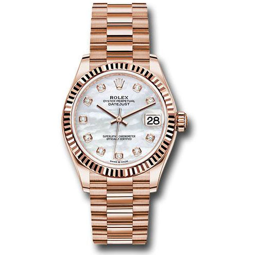 Rolex Everose Gold Datejust 31 Watch - Fluted Bezel - Silver Diamond Dial - President Bracelet - 278275 mdp