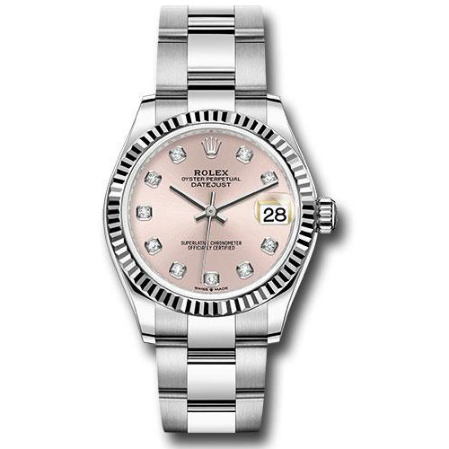 Rolex Steel and White Gold Datejust 31 Watch - Fluted Bezel - Pink Diamond Dial - Oyster Bracelet - 278274 pdo