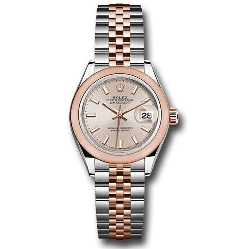 Rolex Steel and Everose Gold Rolesor Lady-Datejust 28 Watch - Domed Bezel - Sundust Index Dial - Jubilee Bracelet - 279161 suij