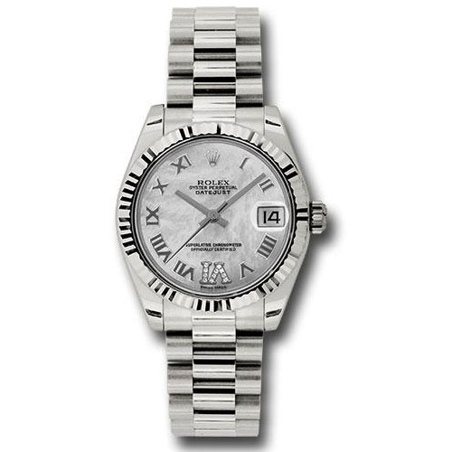 Rolex White Gold Datejust 31 Watch - Fluted Bezel - Mother-Of-Pearl Diamond Roman Vi Roman Dial - President Bracelet - 178279 mdrp