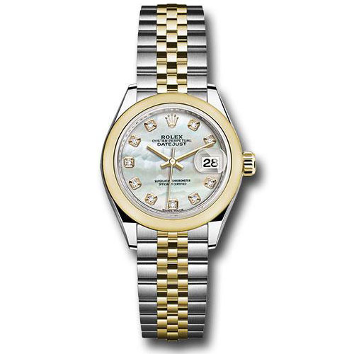 Rolex Steel and Yellow Gold Rolesor Lady-Datejust 28 Watch - Domed Bezel - White Mother-Of-Pearl Diamond Dial - Jubilee Bracelet - 279163 mdj